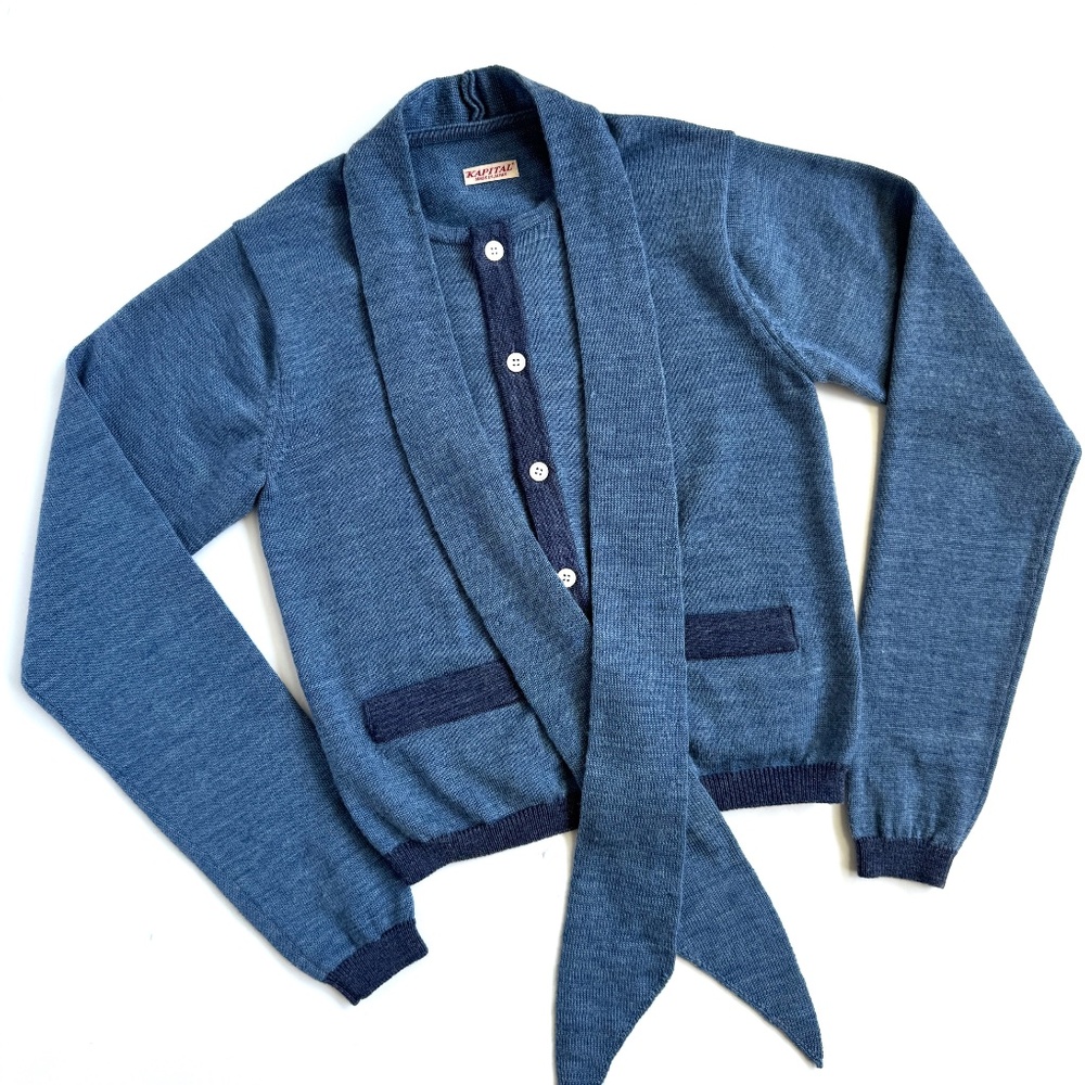 NWT SP26 KAPITAL 12G Wool Knit Bowtie Cardigan - Light Blue - XS